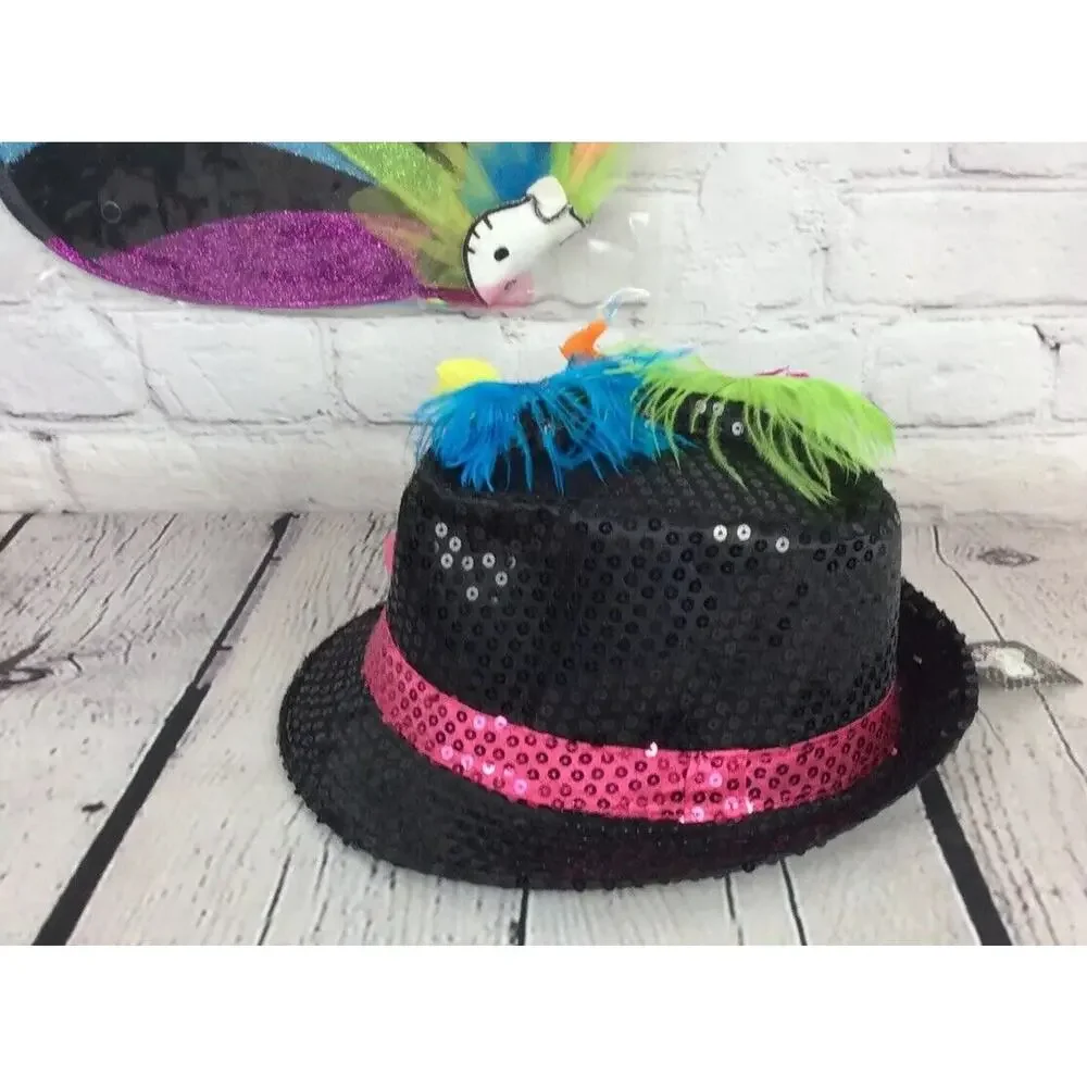 Hello Kitty Childs Black Sequined Fedora & Rainbow Sparkle Wings Cosplay Costume